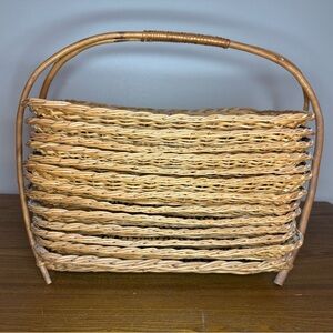 Vintage Rattan Wicker Wood Tray Holder Basket + 12 Rectangular Trays Cottagecore